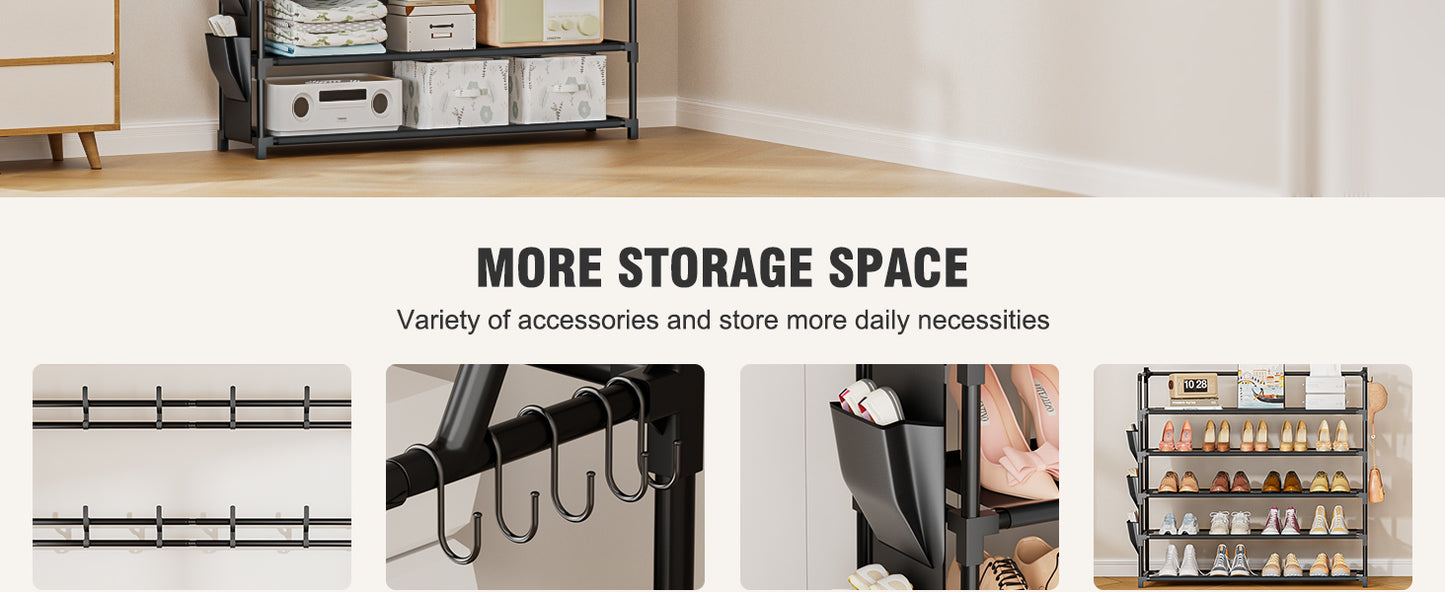 OYREL 5 Tier Shoe Rack with 8 Hooks, for 20-25 Pairs Shoes, Space Saving Shoe Storage Organizer with Side Pocket for Closet Entryway Hallway Bedroom Black