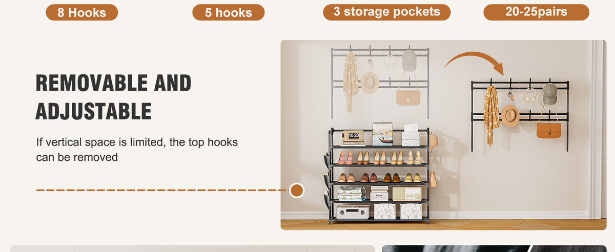 OYREL Shoe Rack 5 Tier Shoe Racks Organizer 20-25 Pairs Shoes Rack for Closet Entrance Shoe Storage Organizer with Hooks and Side Pocket Entryway Shoe Holder Space Saving Free Standing Shoe Racks