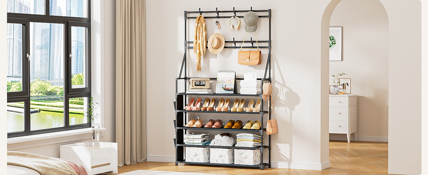 OYREL 5 Tier Shoe Rack with 8 Hooks, for 20-25 Pairs Shoes, Space Saving Shoe Storage Organizer with Side Pocket for Closet Entryway Hallway Bedroom Black