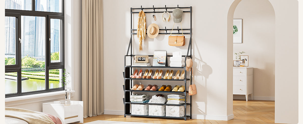 OYREL Shoe Rack 5 Tier Shoe Racks Organizer 20-25 Pairs Shoes Rack for Closet Entrance Shoe Storage Organizer with Hooks and Side Pocket Entryway Shoe Holder Space Saving Free Standing Shoe Racks