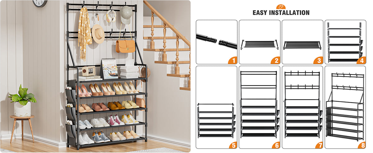 OYREL Shoe Rack 5 Tier Shoe Racks Organizer 20-25 Pairs Shoes Rack for Closet Entrance Shoe Storage Organizer with Hooks and Side Pocket Entryway Shoe Holder Space Saving Free Standing Shoe Racks