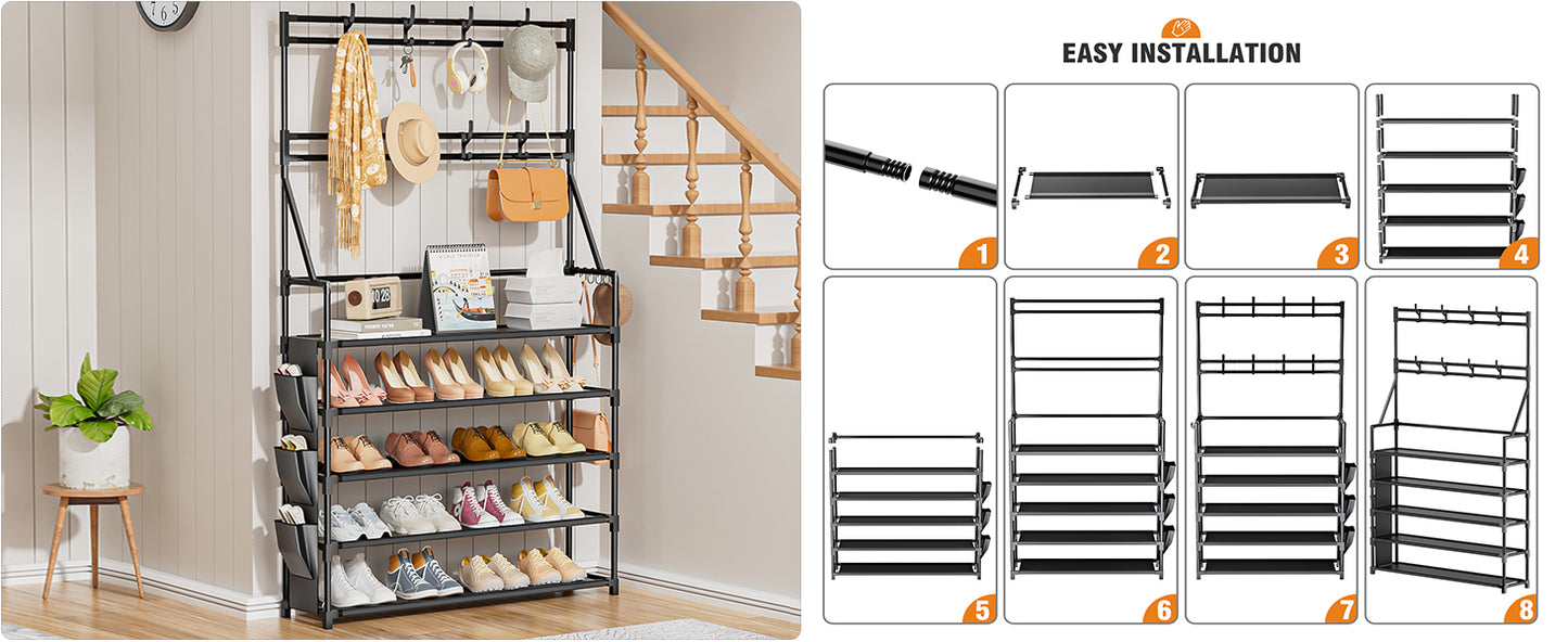 OYREL 5 Tier Shoe Rack with 8 Hooks, for 20-25 Pairs Shoes, Space Saving Shoe Storage Organizer with Side Pocket for Closet Entryway Hallway Bedroom Black