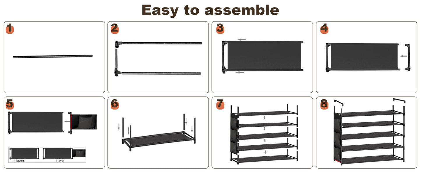 OYREL Shoe Rack 5 Tier 20-25 Pairs Shoes, Shoe Storage Organizer Large with Side Bag Space Saving for Closet, Entryway, Garage, Bedroom Non-Woven Shoe Rack Shelf Black