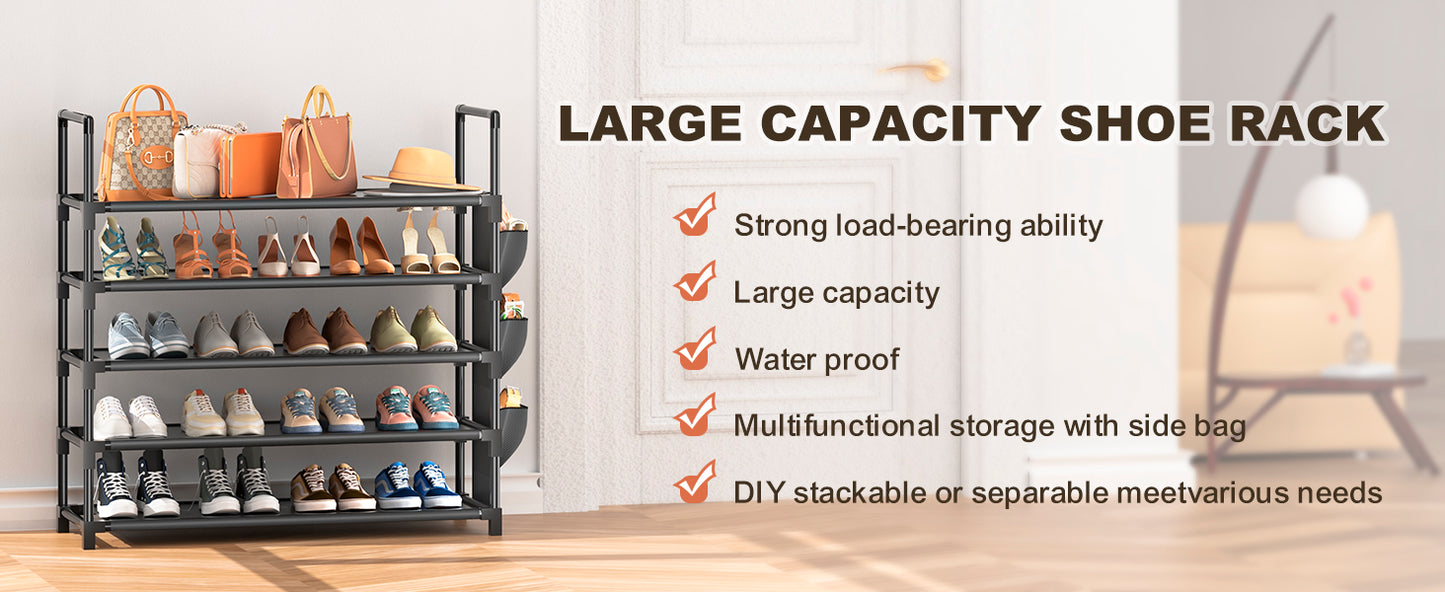 OYREL Shoe Rack 5 Tier 20-25 Pairs Shoes, Shoe Storage Organizer Large with Side Bag Space Saving for Closet, Entryway, Garage, Bedroom Non-Woven Shoe Rack Shelf Black