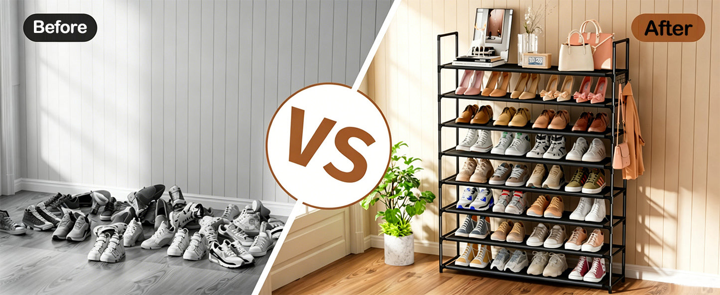 OYREL Shoe Rack 8 Tier 32-40 Pairs Shoes, Shoe Storage Organizer Large with Side Bag Space Saving for Closet, Entryway, Garage, Bedroom Non-Woven Shoe Rack Shelf Black