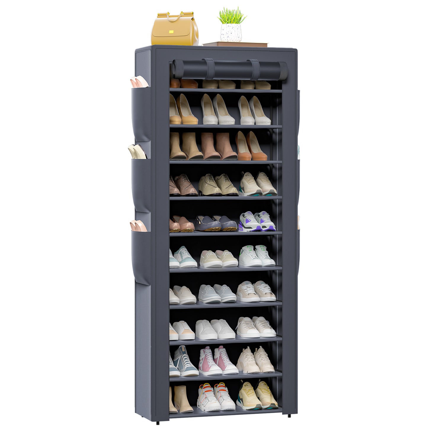 OYREL Shoes Rack 10 Tier Tall Shoe Rack with Storage Pockets, Fabric Covered Shoe Racks,Metal Shoes Rack Organizer for Closets,Bedroom, Garage