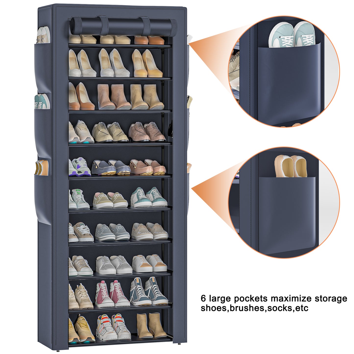 OYREL Shoes Rack 10 Tier Tall Shoe Rack with Storage Pockets, Fabric Covered Shoe Racks,Metal Shoes Rack Organizer for Closets,Bedroom, Garage