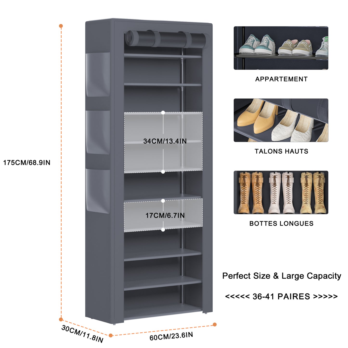 OYREL Shoes Rack 10 Tier Tall Shoe Rack with Storage Pockets, Fabric Covered Shoe Racks,Metal Shoes Rack Organizer for Closets,Bedroom, Garage