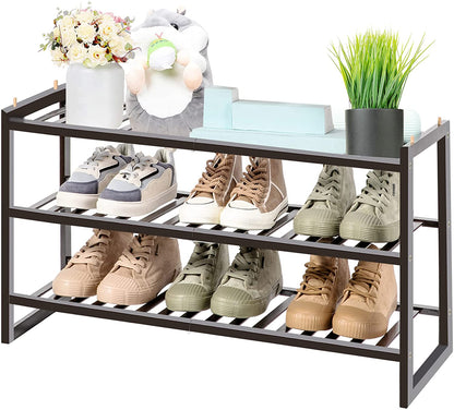 Shoe Rack 3 Tier, Natural Bamboo Stackable Shoe Shelf Shoe Storage Organizer Wooden Shoe Rack for Entryway, Hallway, and Closet Shoe Stand