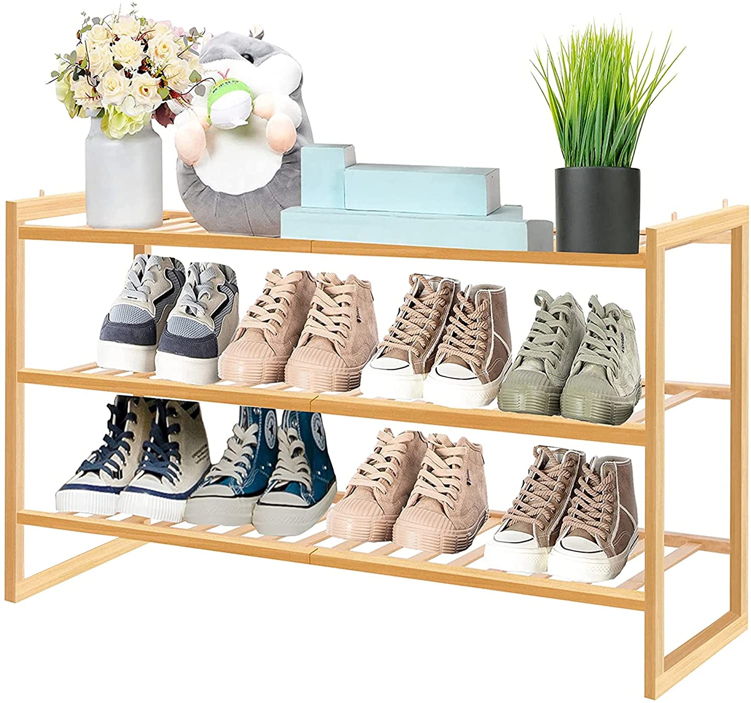 Shoe Rack 3 Tier Natural Bamboo Stackable Shoe Shelf Shoe Storage