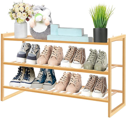 2-Tier Black Bamboo Shoe Rack for Entryway, Stackable | Foldable | Natural,  Shoe Shelf Storage Organizer for Hallway Closet, Free Standing Shoe Racks
