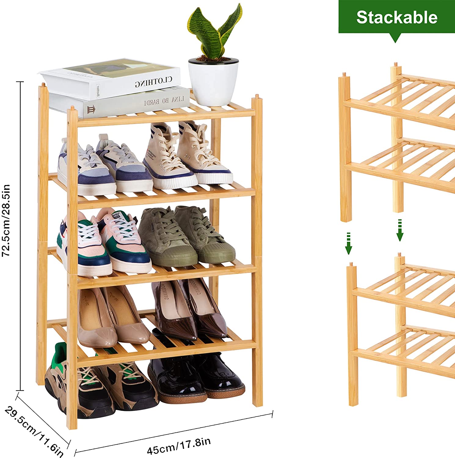 Birdrock Home Free Standing Bamboo Shoe Rack - 4 Tier - Wood - Closets