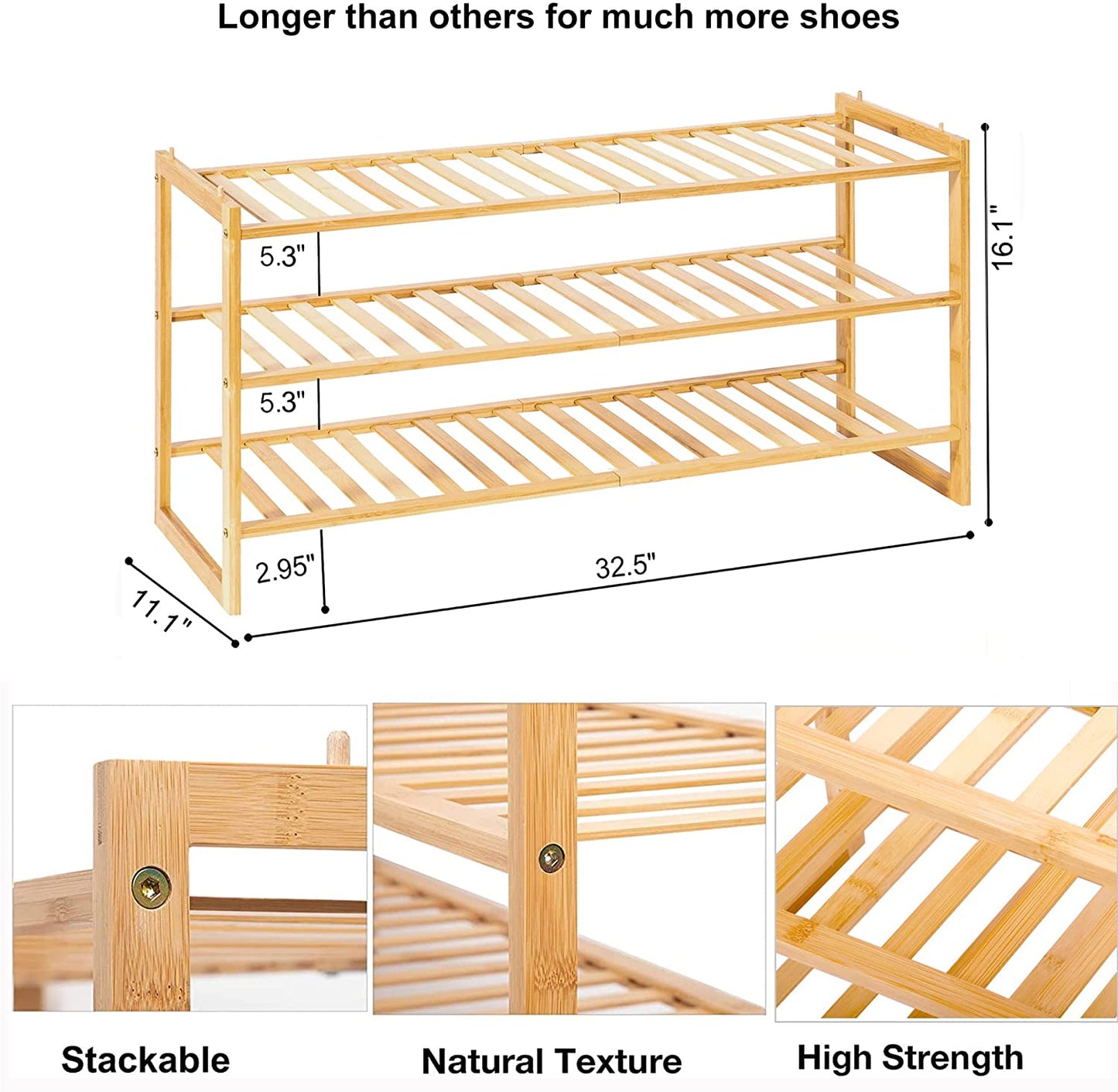 Shoe Rack 3 Tier, Natural Bamboo Stackable Shoe Shelf Shoe Storage Organizer Wooden Shoe Rack for Entryway, Hallway, and Closet Shoe Stand