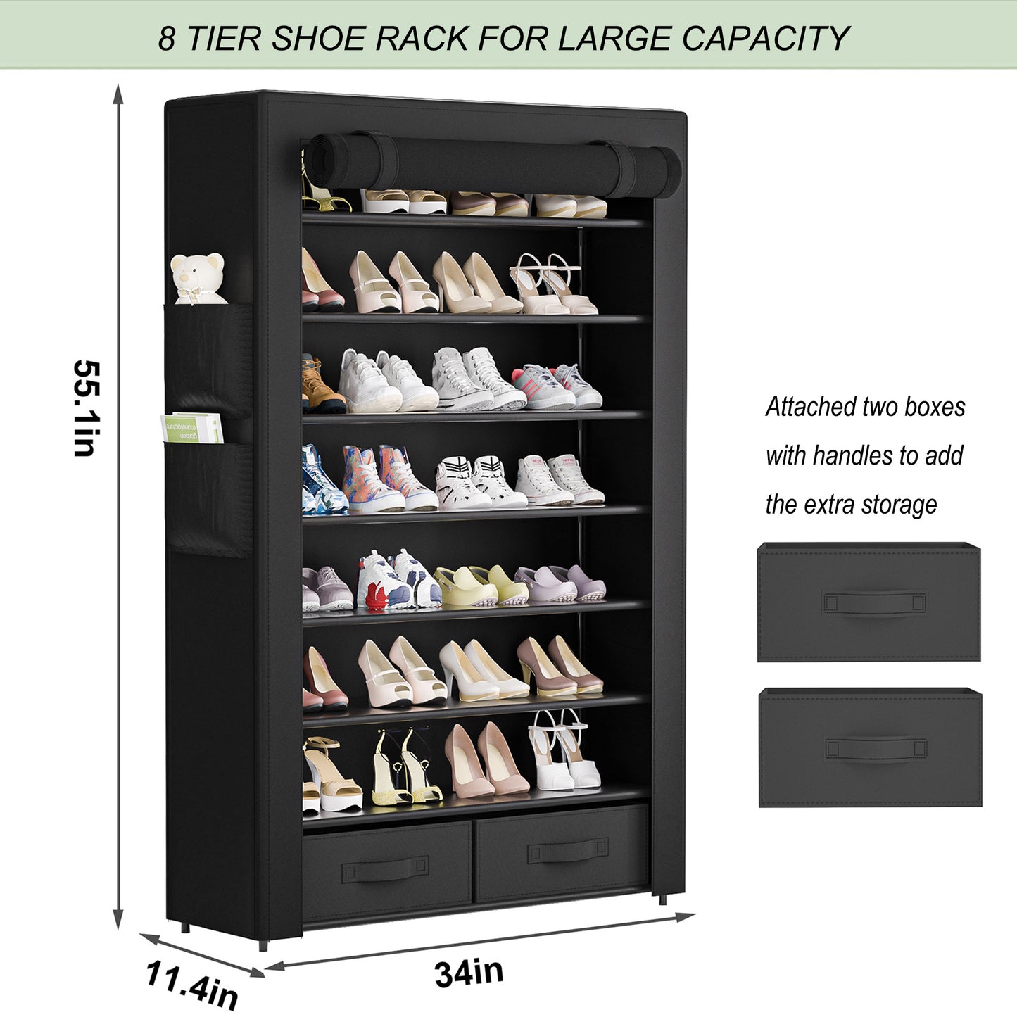 OYREL Shoe Rack Storage Cabinet 32 Pairs Organizer Shelf Tall Zapateras for Shoes Large Free Standing Racks Vertical Black Holder Stand with Cover Two Boxes Closet, 8Tier Long