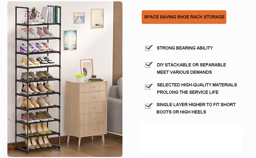 10 Tier Shoe Rack, Narrow Shoe Storage Organizer with 9 Metal Shelves,  Saving Space, Stable and